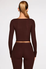 Ribbed Modal Long-Sleeve Laced Bra Top in Chocolate Brown