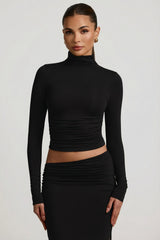 Modal Ruched Backless Turtleneck Top in Black