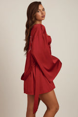 Embellished Loose-Fit Wrap-Over Robe in Ruby Red