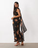 Draped Off Shoulder Scarf Detail Double Layer Maxi Dress In Orange Floral Print