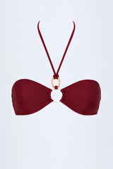 Hardware-Detail Ruched Halterneck Bikini Top in Dark Cherry