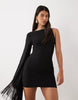 One Shoulder Floral Devore Mini Dress With Fringe Detail In Black