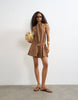 Topshop Halter Gathered Side Mini Dress With Tab Detail In Brown Woven Stripe