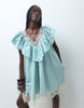V Neck Poplin Ruffle Mini Dress With Lace Trims In Dusky Blue