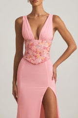 Embellished Plunge Ruffled Corset Maxi Dress in Pink