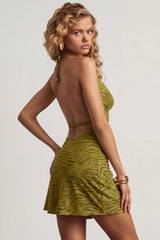Devoré Cowl A-Line Mini Dress in Olive Green