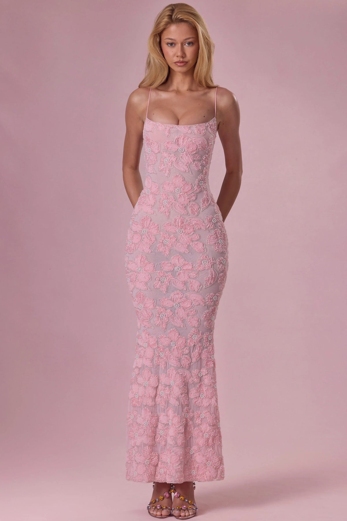 Embellished Square Neck Maxi Dress in Blush Pink