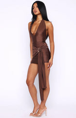 Leaving Paradise Wrap Mini Dress Chocolate