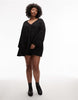 Curve V Neck Laundered Smock Mini Dress In Washed Black