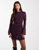 Flocked Floral Mini Dress With Flute Sleeve In Fig