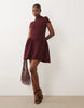 Kaiia Exclusive High Neck Short Sleeve Fit And Flare Basque Dropped Waist Detail Mini Dress In Burgundy