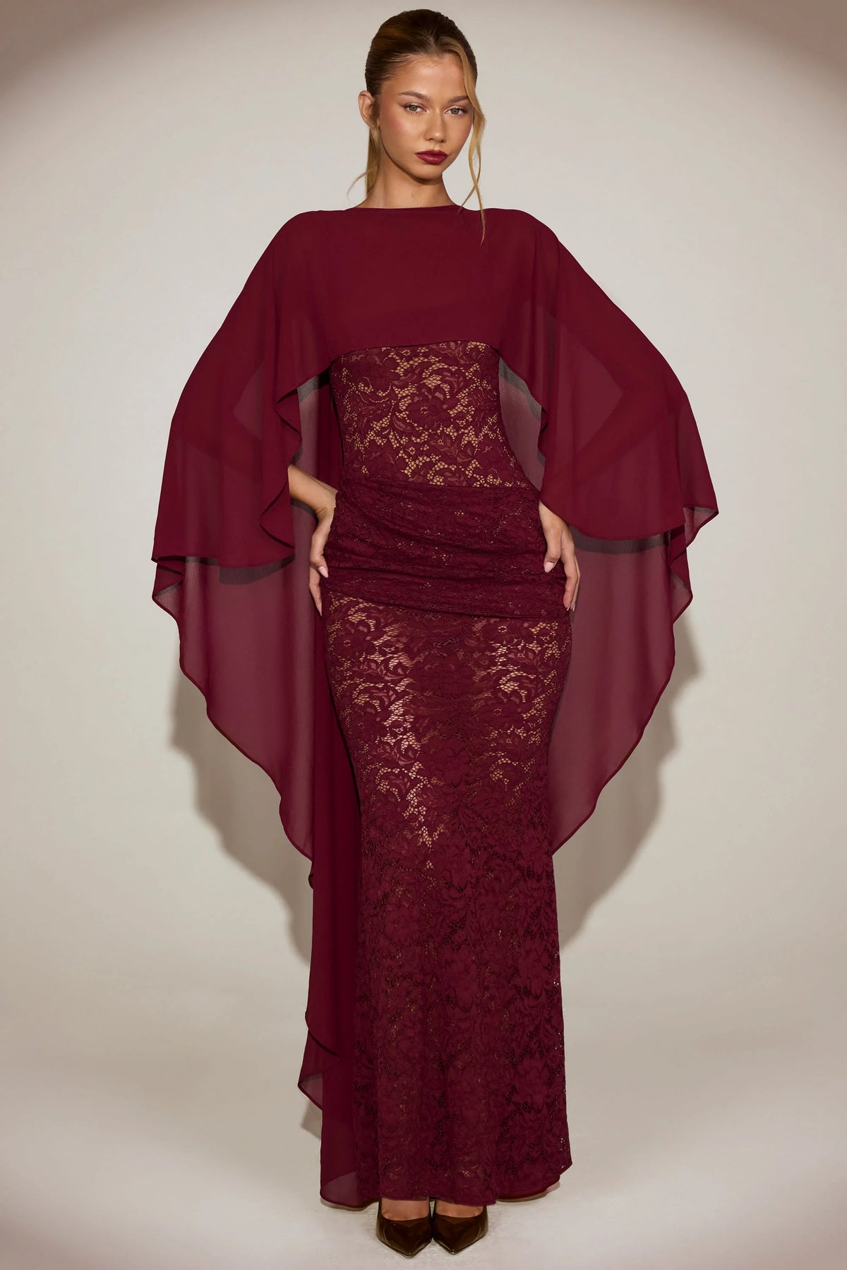 Chiffon Draped Cape in Wine Red