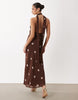 Gina Tricot Scarf Neck Maxi Dress In Brown Polka Dot