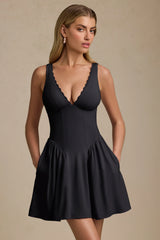 Scallop-Trim A-Line Mini Dress in Black
