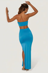 Ruched Hardware Detail Bandeau Floor Length Dress in Blue