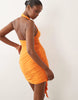 High Neck Cowl Draped Slinky Mini Dress With Flowing Ruffle In Orange