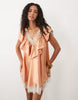 V Neck Satin Ruffle Mini Dress With Lace Trim In Peach