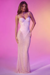 Semi-Sheer Embellished Corset Gown in Pink