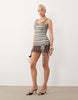 Tiger Mist Celia Strappy Lace Hem Tie Waist Detail Mini Dress In Chocolate And Green Stripe