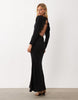 Lace Applique Grown On Sleeve Bias Cut Maxi Dress In Black