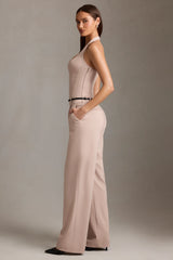 Corset-Detail Halterneck Jumpsuit in Mushroom