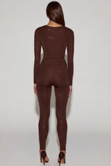 Embellished Jersey High-Waisted Leggings in Chocolate Brown