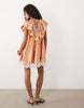 V Neck Satin Ruffle Mini Dress With Lace Trim In Peach