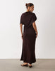 Fallen Shoulder Slinky Midi Dress In Chocolate
