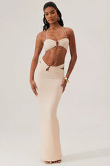 Ruched Waist Hardware Detail Maxi Skirt in Ivory
