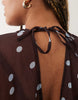 Curve High Neck Drape Front Extreme Cape Sleeve Mini Dress In Brown Polka Dot
