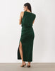 Draped Structured Midi Dress With Split In Dark Green Scuba-Style Fabric