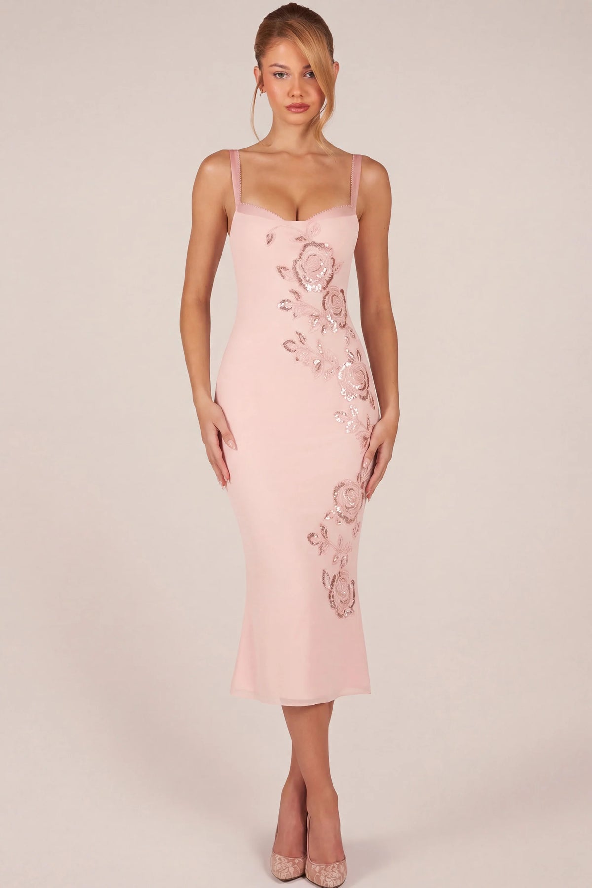 Embellished Peekaboo Fluted-Hem Midaxi Dress in Pink