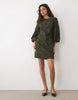 Yas Volume Sleeve Slash Neck Jacquard Mini Dress In Dark Olive