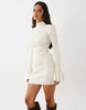 The Frolic Exclusive High Neck Fluted Sleeve Embellished Detail Knitted Mini Dress In Cream