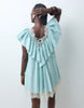 V Neck Poplin Ruffle Mini Dress With Lace Trims In Dusky Blue