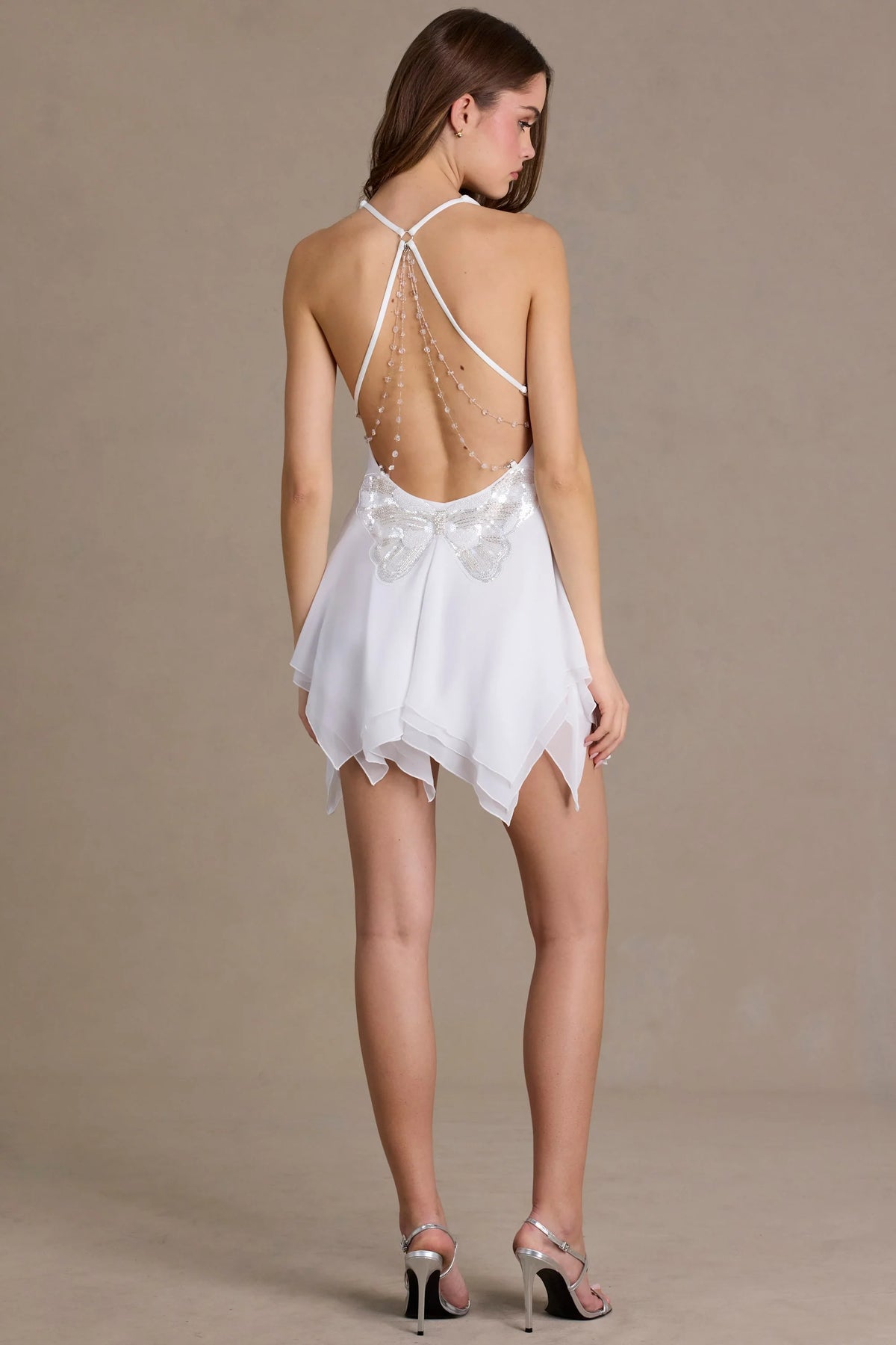 Premium Chiffon Plunge-Neck Open-Back Mini Dress in White