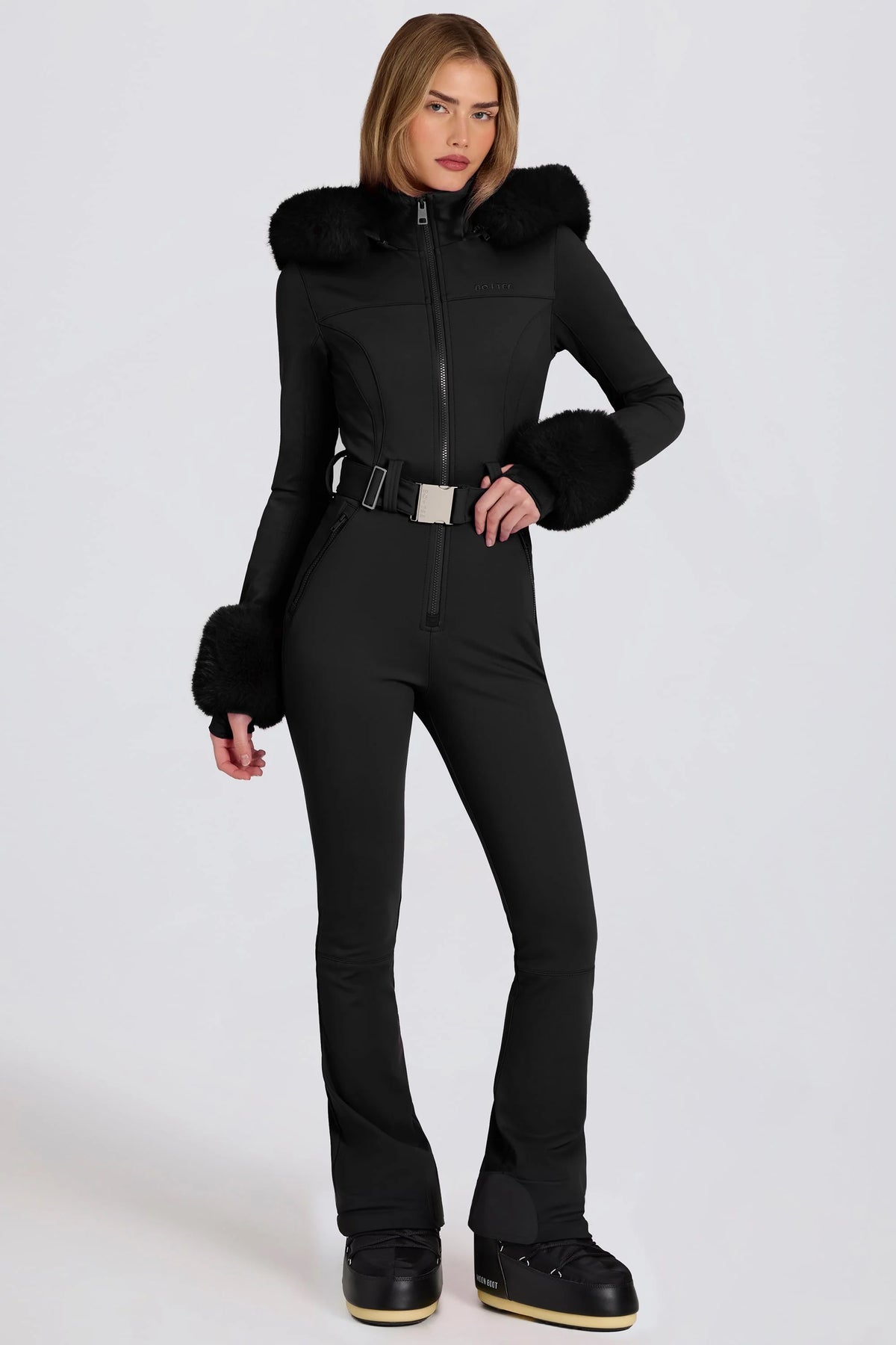 Waterproof Faux-Fur Hood Fitted Ski Suit in Black