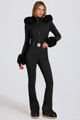Waterproof Faux-Fur Hood Fitted Ski Suit in Black