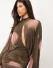 Printed Floral Mesh Blouson Maxi Dress With Cut Out In Brown