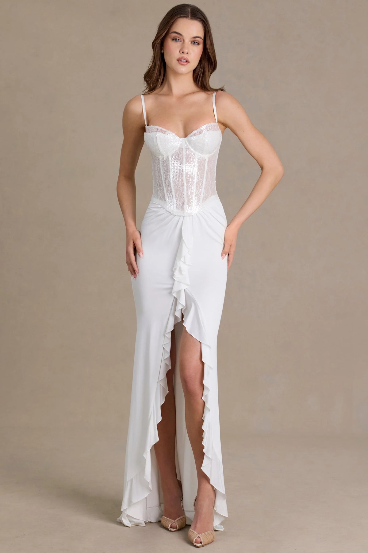 Premium Embellished Lace Corset Gown in White