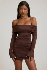 Bow-Detail Off-Shoulder Mini Dress in Chocolate Brown