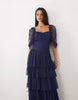Lace & Beads Tulle Fallen Shoulder Asymmetric Ruffle Detail Maxi Dress In Navy