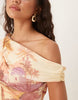 Fallen Shoulder Tie Wrap Midi Dress In Island Bandanna Print