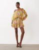 Blouson Mini Dress With Split Sleeve And Volume Godet Skirt In Floral Print