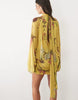 Printed Mesh Floral Dropped Waist Blouson Tie Neck Mini Dress In Chartreuse
