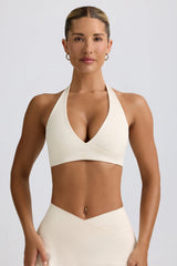 Brushed Jersey V-Neck Sports Bra in Ivory Marl