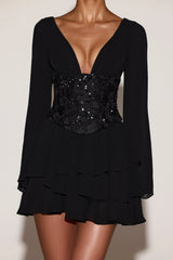 Chiffon Embellished Corset A-line Mini Dress in Black