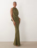 Tall Draped Halter Neck Maxi Dress With Knot Back Detail In Khaki