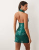 Sequin Cowl Halter Neck Mini Dress In Teal