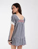 Neon Rose Ruffle Square Neck Babydoll Dress In Blue Gingham Check